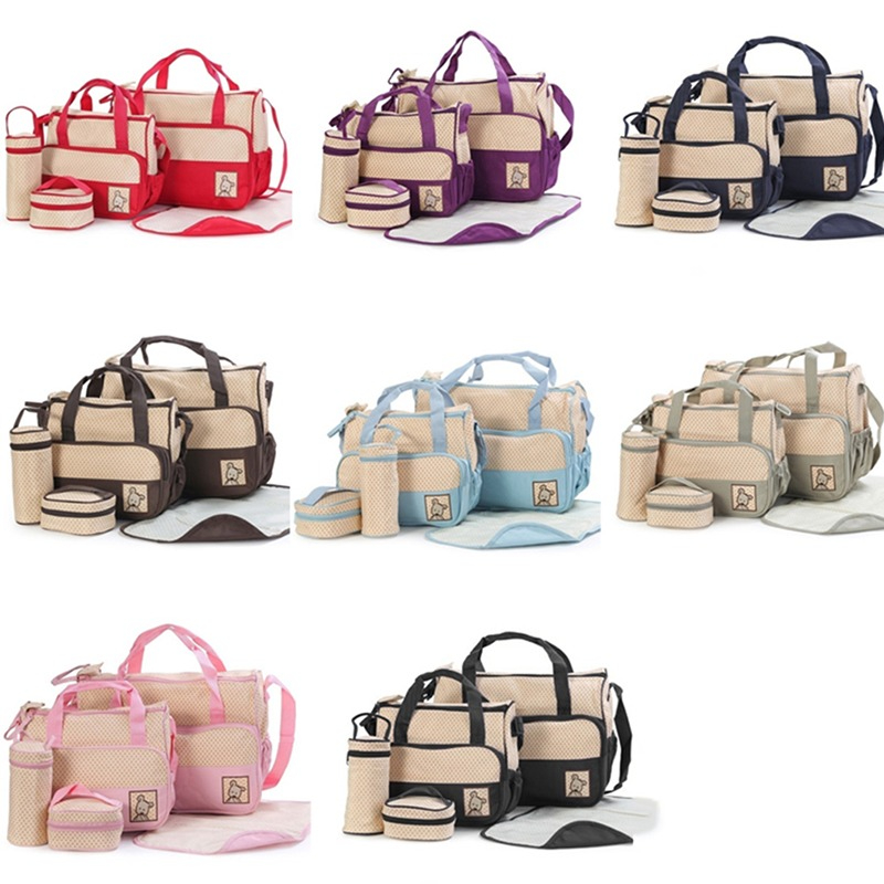 5Pcs/set Diaper Bag Suits For Mom Baby Bottle Holder Mummy Cart Pram Nappy Stroller Maternity Trolley Nappy Bag Sets