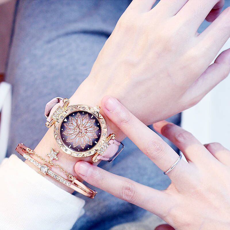 Luxury Diamond Women's Watch Crystal Watch Bracelet Set Women's Jewelry Casual Starry Sky Rose Gold WatchGreen（Includes bracelet）