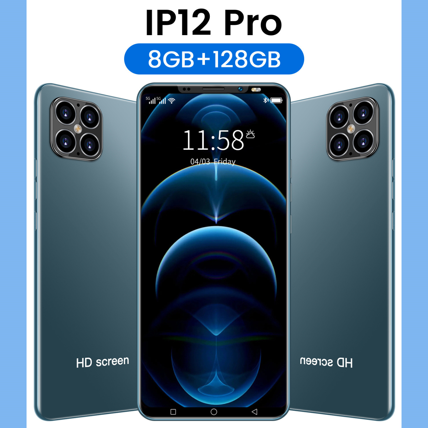 Global Edition Smartphone IP12 Pro 5.1inch 8+128GB Android 10 Core Dual SIM+Micro SD Face Fingerprint ID Unlock 5G Mobile Phone