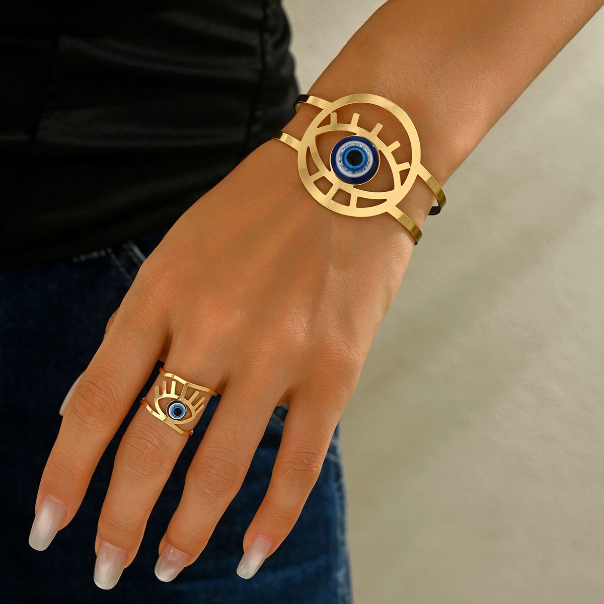Evil Eye Open Cuff Bangle & Ring Set, Adjustable Gold Tone with Blue Enamel Detail, Modern Spiritual Protection Jewelry, Trendy Statement Accessory Set for Women
