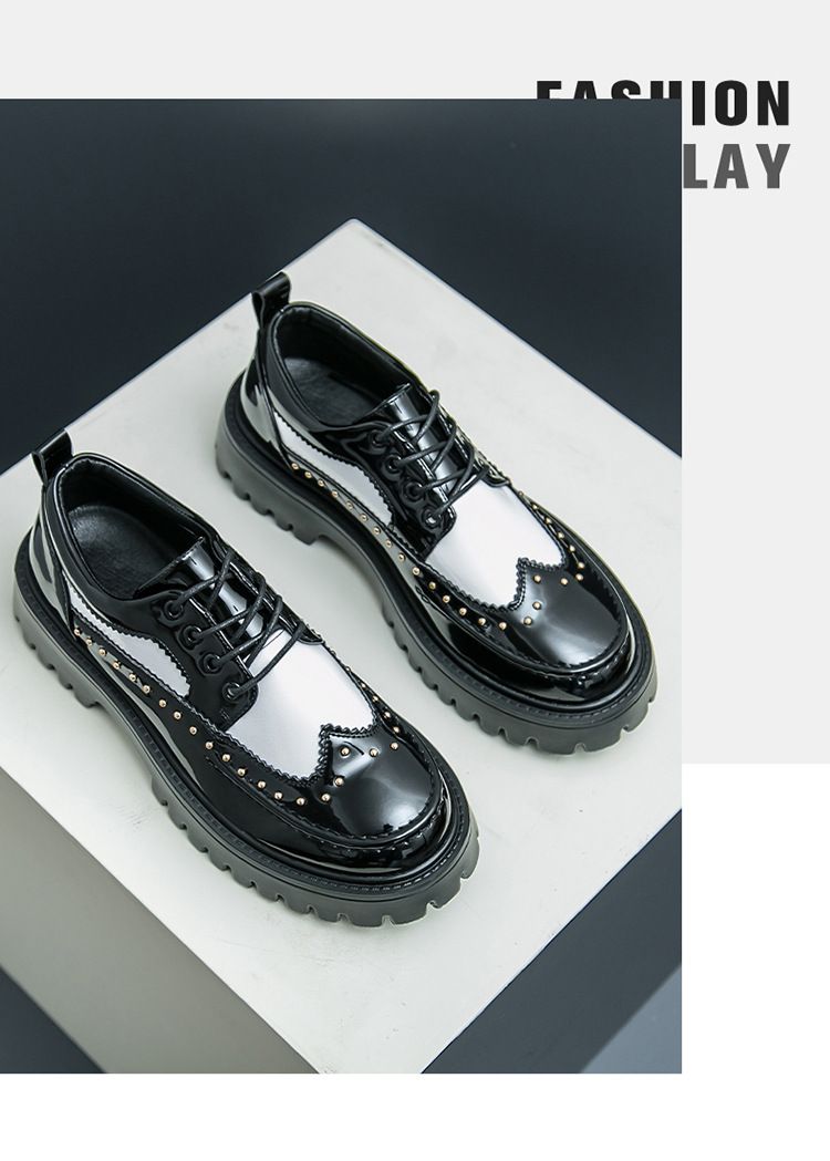 Cross-border large-sized 2025 formal casual shoes with rivets, personalized barber leather shoes, thick-soled height-increasing, black and white fashionable men's shoes