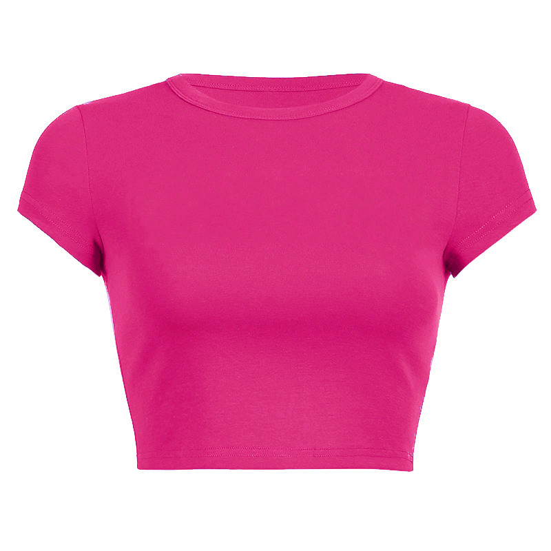 29454 Women's Summer Solid Color Short Top Exposed Navel and Round Neck Short Sleeves