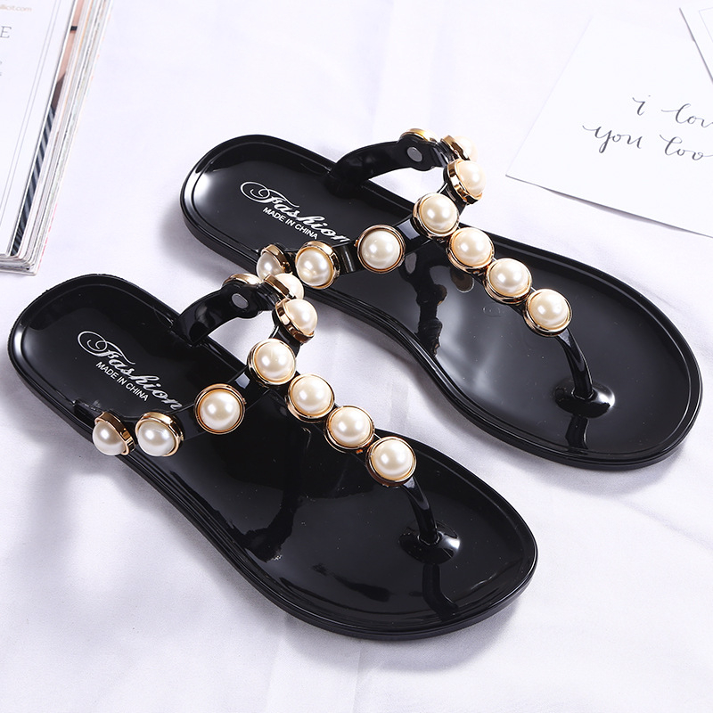 women's crystal jelly flip-flops, pearl design elegant sandals, girls flats