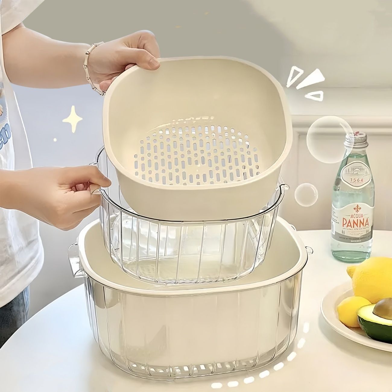 - Home Double-Layer Drainage Basket, Kitchen Vegetable Washing Basin & Living Room Coffee Table Fruit Storage Basket
