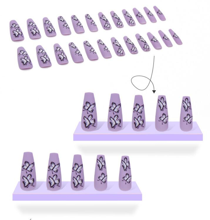 24pcs/Set Detachable Long Coffin Fake Nails European Purple  Butterfly Pattern Full Nail Art
