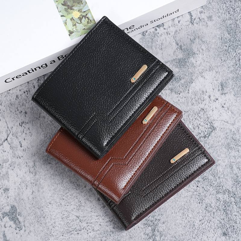 New Men's Short Wallet, Fashion Casual Litchi Grain Soft Leather, Multi-Card Slot Large Capacity Small Purse
