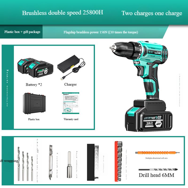 Brushless hand drill impact drill rechargeable dual speed lithium battery to 48V pistol drill power tool screwdriver
