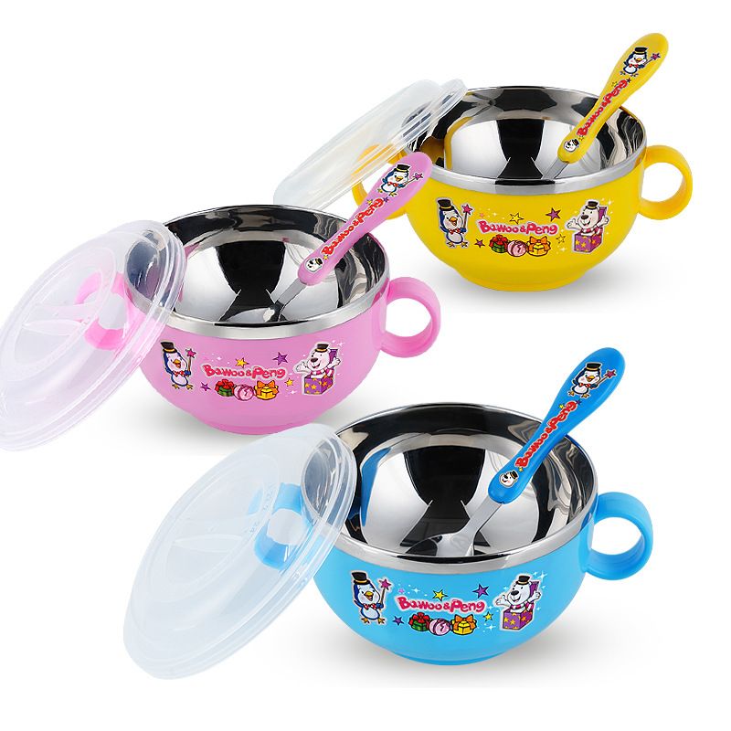 Food Grade Stainless Steel Kids Bowl, Cute Cartoon Double Handle Heat Insulated Bowl with Sealed Lid, Anti-Scratch Anti-Slip Toddler Soup Rice Bowl, Reusable Baby Feeding Tableware for Home Kindergarten Daily Meals