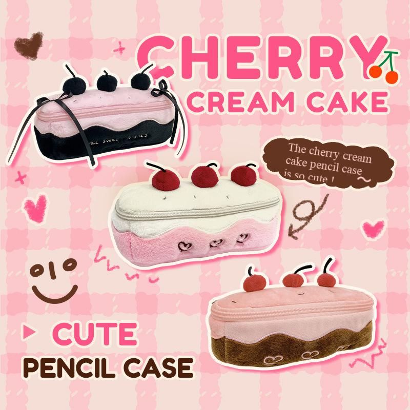 Cute Cherry Cake Pencil Bag INS Style High Appearance Makeup Bag for Girls, Student Desk Stationery Storage Pouch
