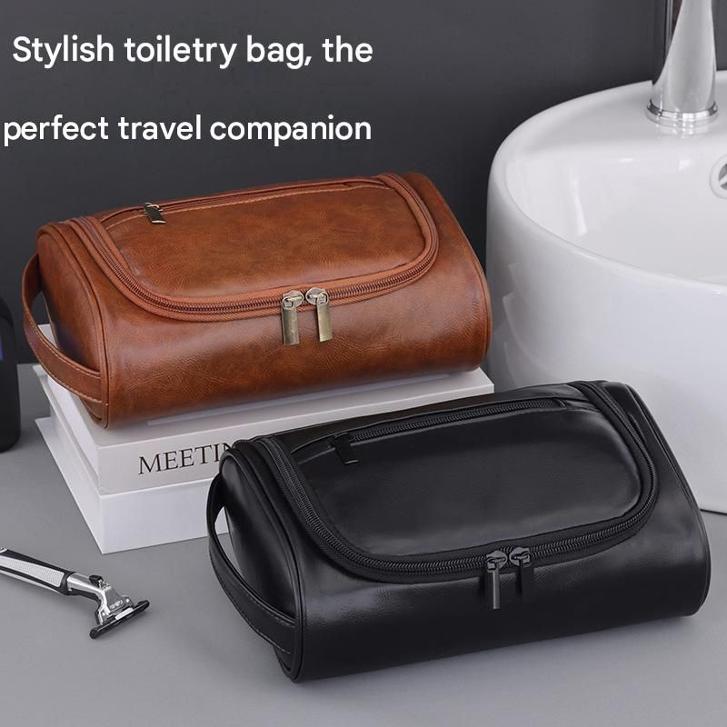 Men's PU Leather Toiletry Bag, Large Capacity Waterproof Travel Wash Bag, Portable Handheld Cosmetic Organizer Bag for Business Trip, Gym, Camping, Shaving Grooming Storage
