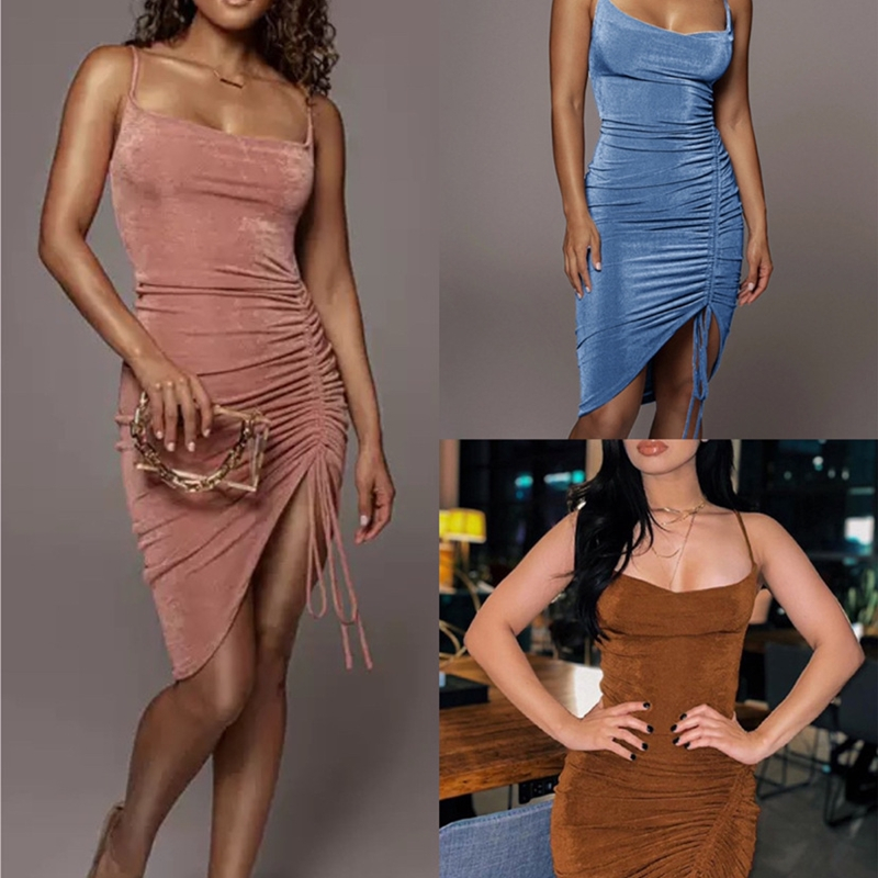 8994 Women's Velvet Sleeveless Strappy Ruched Drawstring Bodycon Mini Short Dress