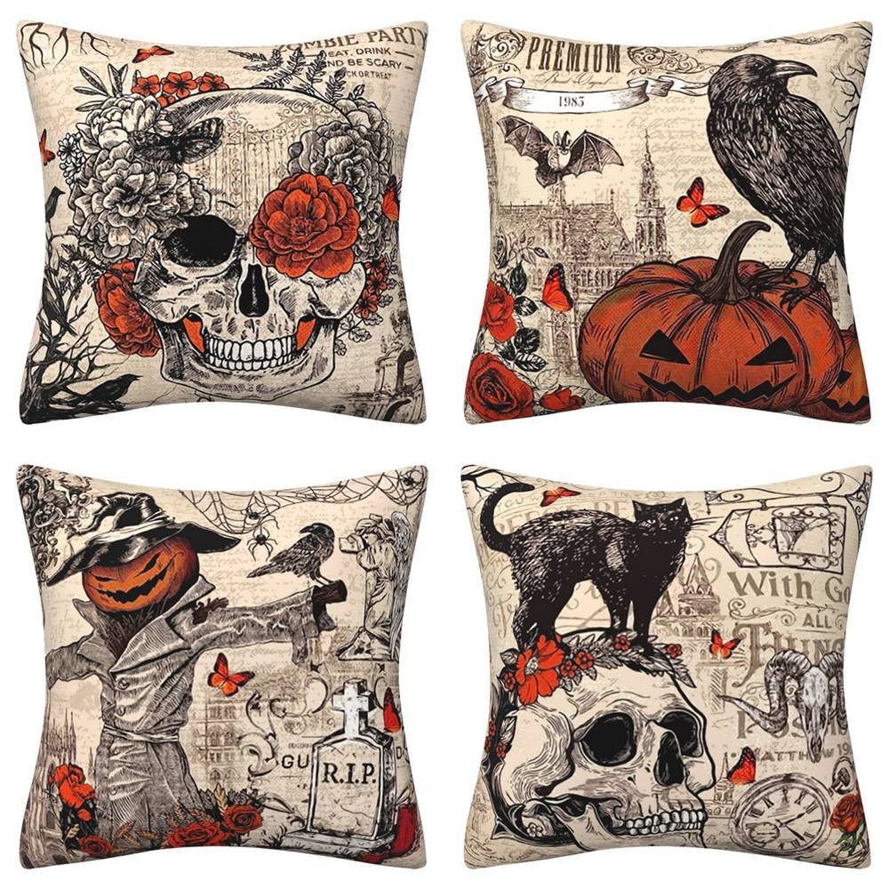 HCOO-02 Halloween Pillow Covers 45x45cm Vintage Scary Halloween Decorative Throw Pillows Cover Skull Pumpkin Owl Crow Pillow Cases Home Outdoor Sofa Couch Cushion Covers for Halloween Decor