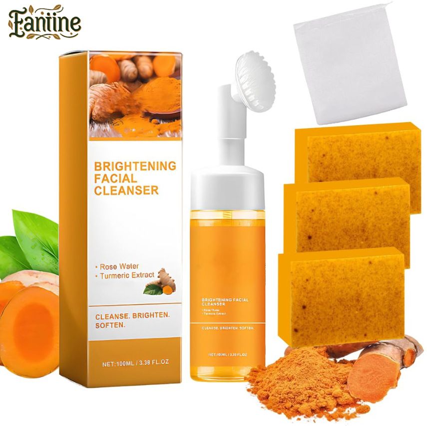Turmeric facial cleanser oil control cleansing moisturizing brightening fading acne marks exfoliating skin tone cleansing mousse turmeric soap skin care set