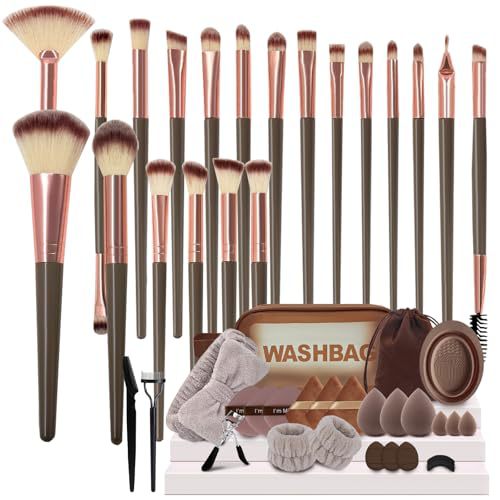 46-Piece All-in-One Beauty Tool Set with 20 Pcs Brown Makeup Brushes, Professional Foundation & Eyeshadow Brushes Kit for Complete Makeup Application
