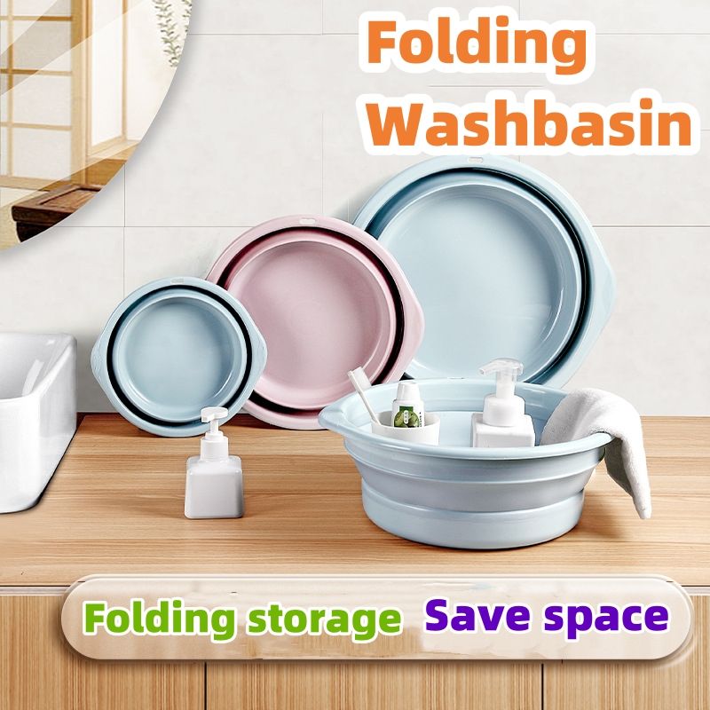 Folding washbasin blue pink home Kitchen Tools Washing CRRSHOP  Solid color double ear folding washbasin for travel, portable thickened plastic basin, household water basin, dormitory laundry basin, basin