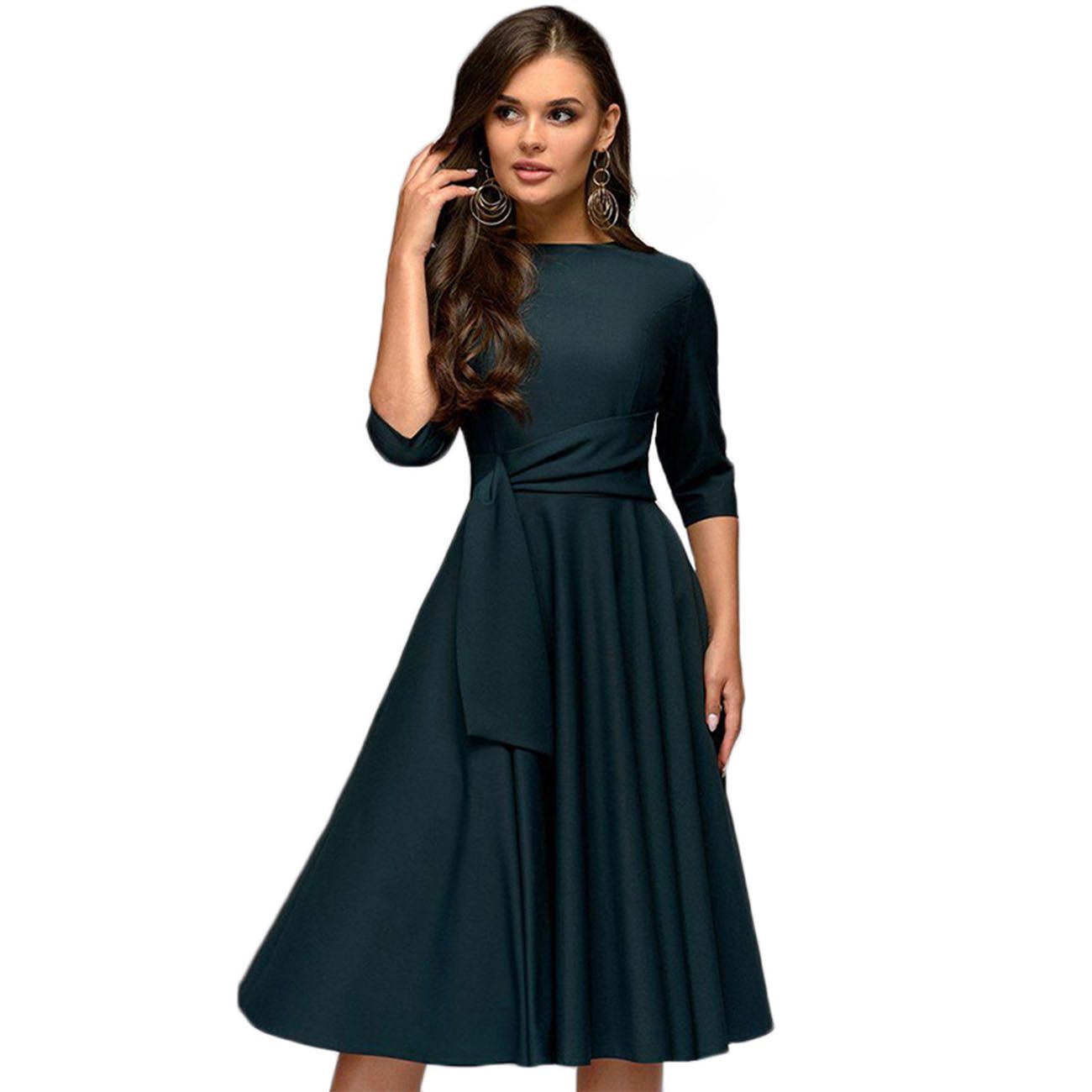 Sumail-630 Solid Color Half Sleeve Women Clothing Casual Dress Party Sashes Elegant Evening Dress