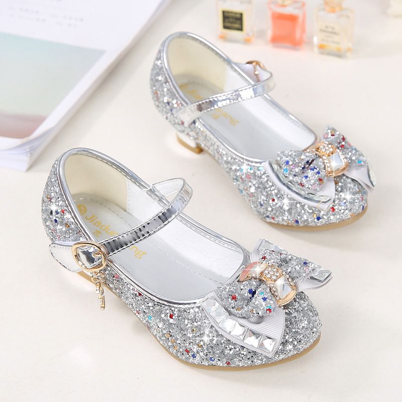 Dress Shoes Autumn New Girls' Small High-Heeled Leather Shoes Sparkling Shoe upper with Bow Decoration for Children's Dance Shoes