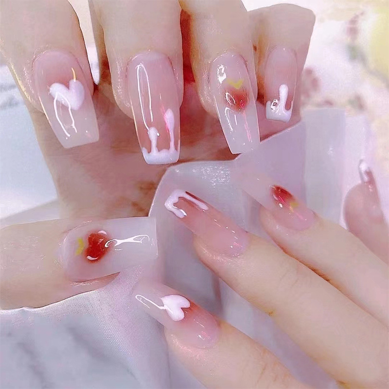 R523 24 Pcs Glossy Press on Nails, Super Long Coffin Heart Pattern Fake Nails, Full Cover Artificial False Nails for Women and Girls