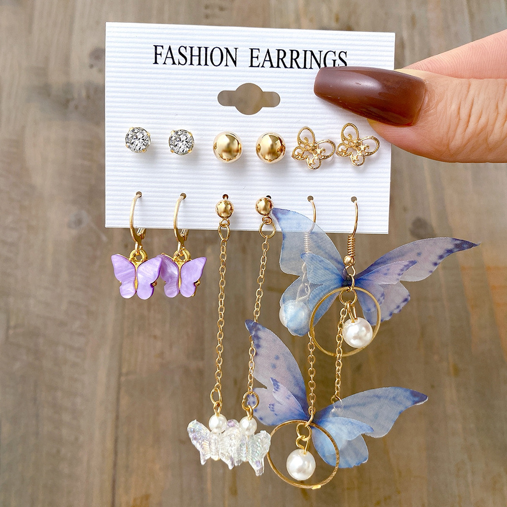 55830 6 Pairs Asymmetrical Acrylic Butterfly Drop Earrings Set For Women Fashion Faux Pearl Earrings Rhinestone Stud Jewelry Gift