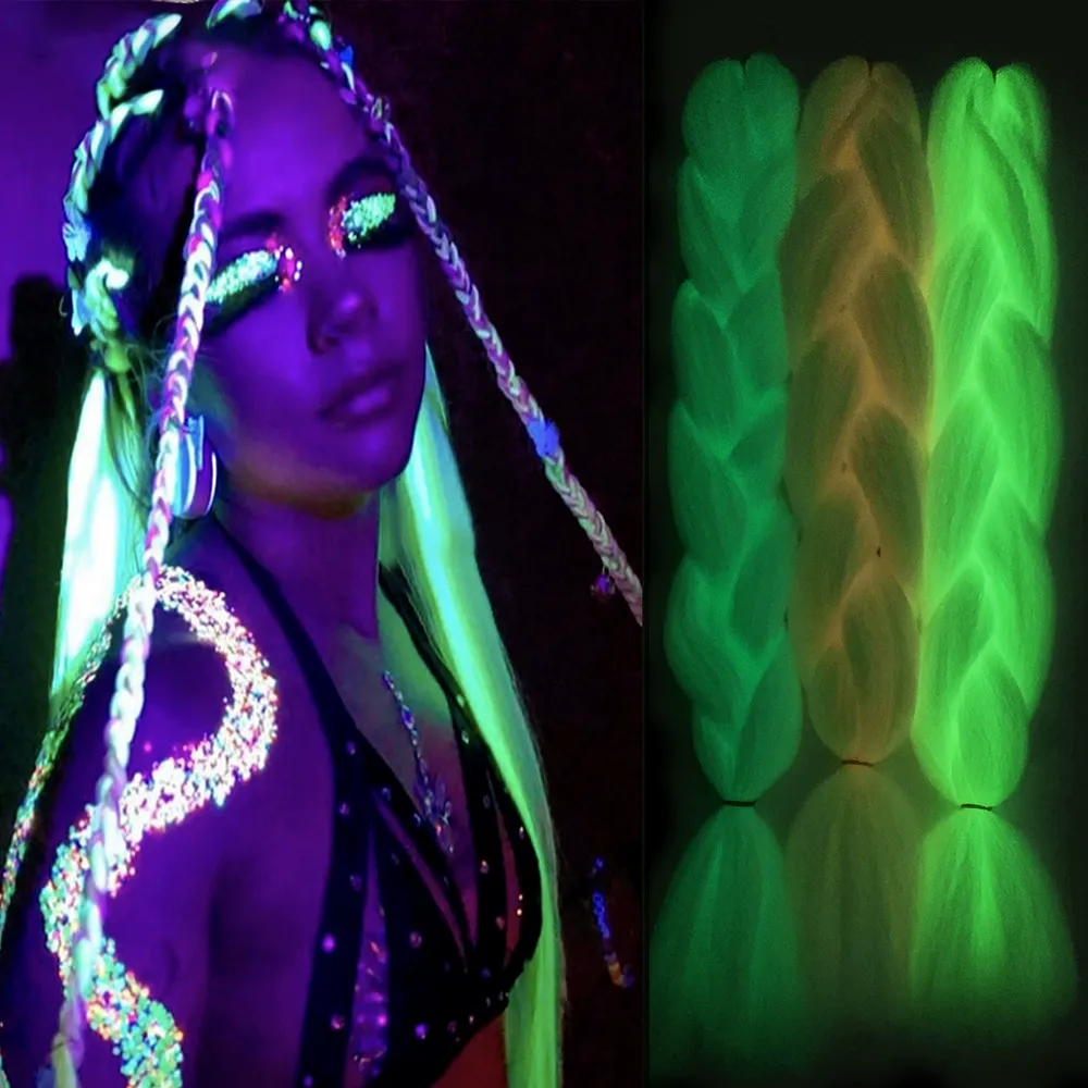 24 Inch Glow in The Dark Braiding Hair Extensions, Multi-Color Luminous Jumbo Braiding Hair for Women, Synthetic Crochet Braids Hair for Festival Party Cosplay, Glowing Braiding Hair for Black Women