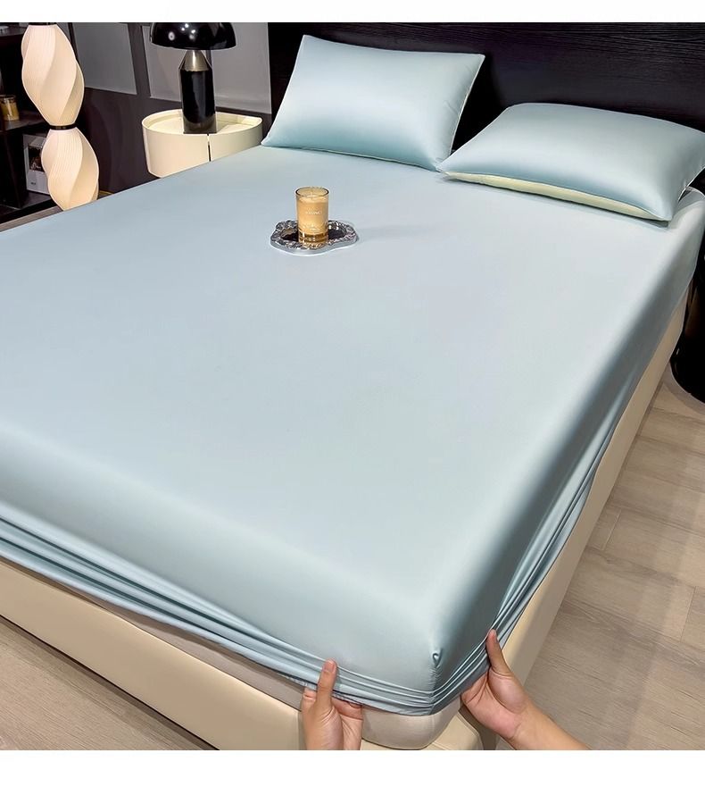 026 New Arrival Ice Silk Fitted Sheet, Single Piece & 3-Piece Set, Summer Solid Color Full Coverage Bed Cover, Cooling Cool Bed Sheet, Silky Soft Full Wrapped Bed Sheet 