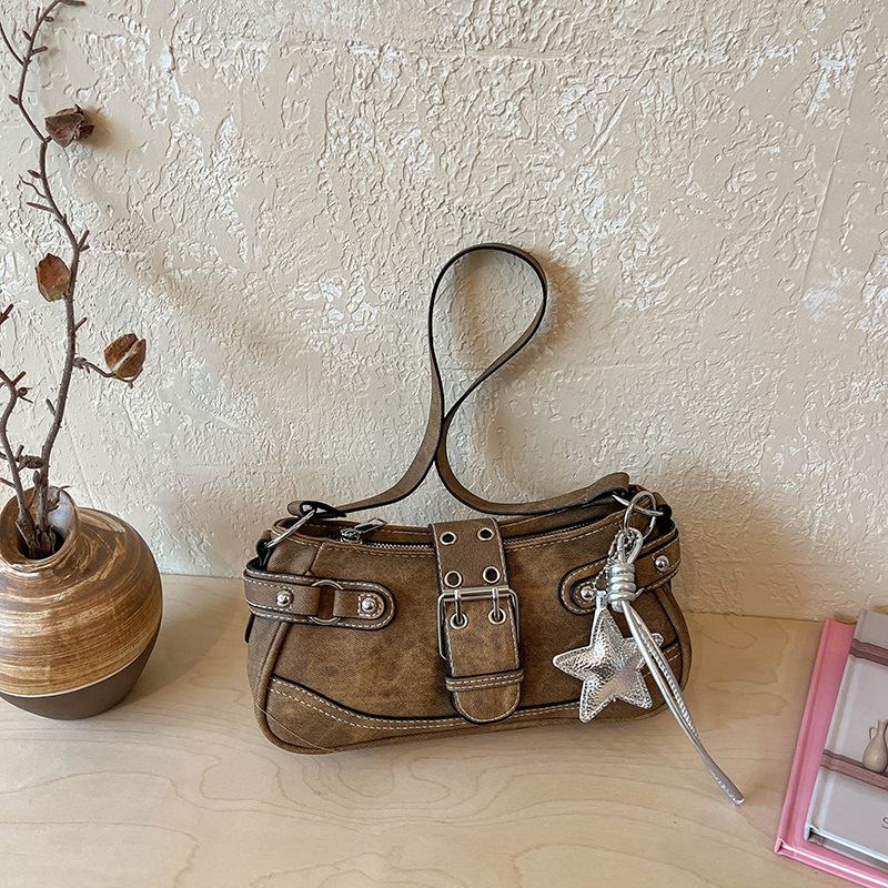 Retro Y2K Star Charm Shoulder Bag, Women's Casual Hobo Handbag, 2026 New Denim & Suede Texture Underarm Bag with Metal Buckle, Multi-Color Options, Fits Daily & Streetwear Style
