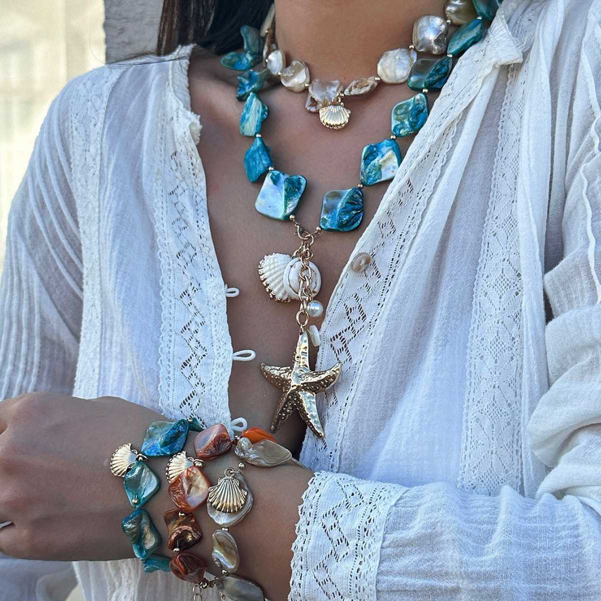  New INS Ocean Style Necklace, Natural Shell & Starfish Pendant, Irregular Dainty Chain, Elegant Summer Beach Vacation Jewelry for Women