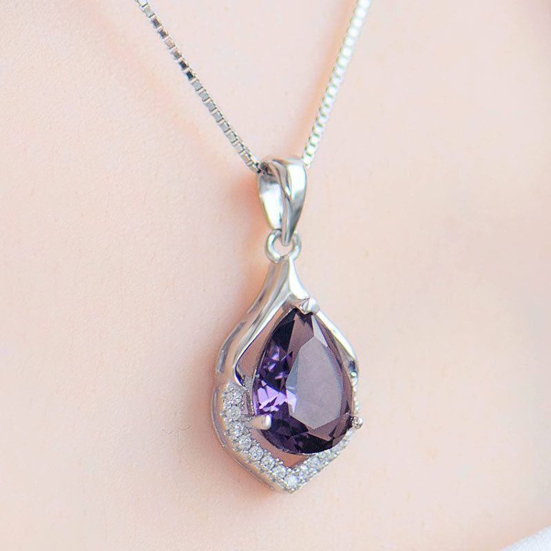 Elegant Generous Water Drop Shaped Amethyst Necklace for Women, Exquisite Teardrop Natural Crystal Pendant Clavicle Chain, Luxury Purple Gem Neck Accessories for Daily Dating Wedding Party Gift