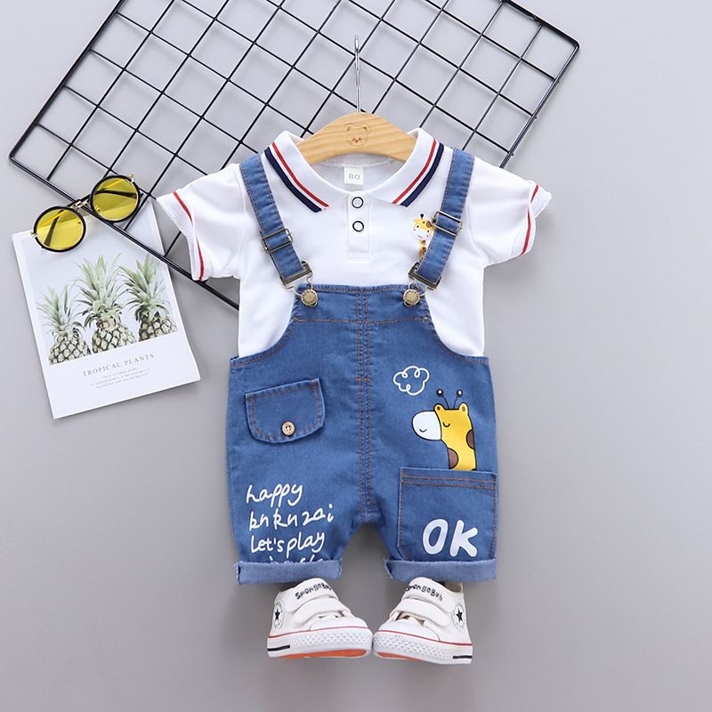 Boys cartoon deer pattern POLO shirt suspenders set M_1