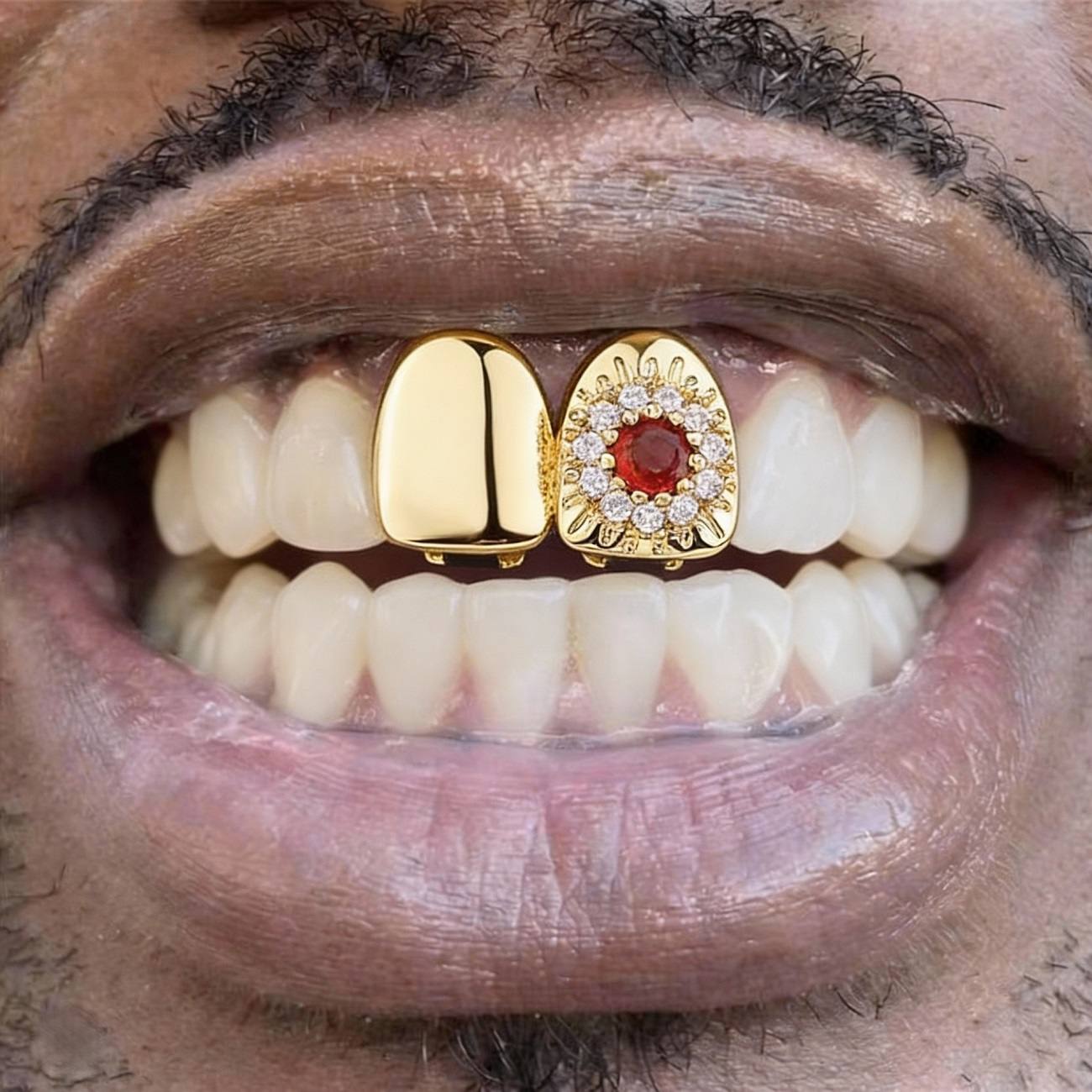 Micro Paved CZ Flower Grillz Set, 18K Gold Plated Hip Hop Teeth Grills, Single Top/Bottom Cap with Red Gemstone, Unisex Cool Fashion Dental Jewelry for Parties & Cosplay
