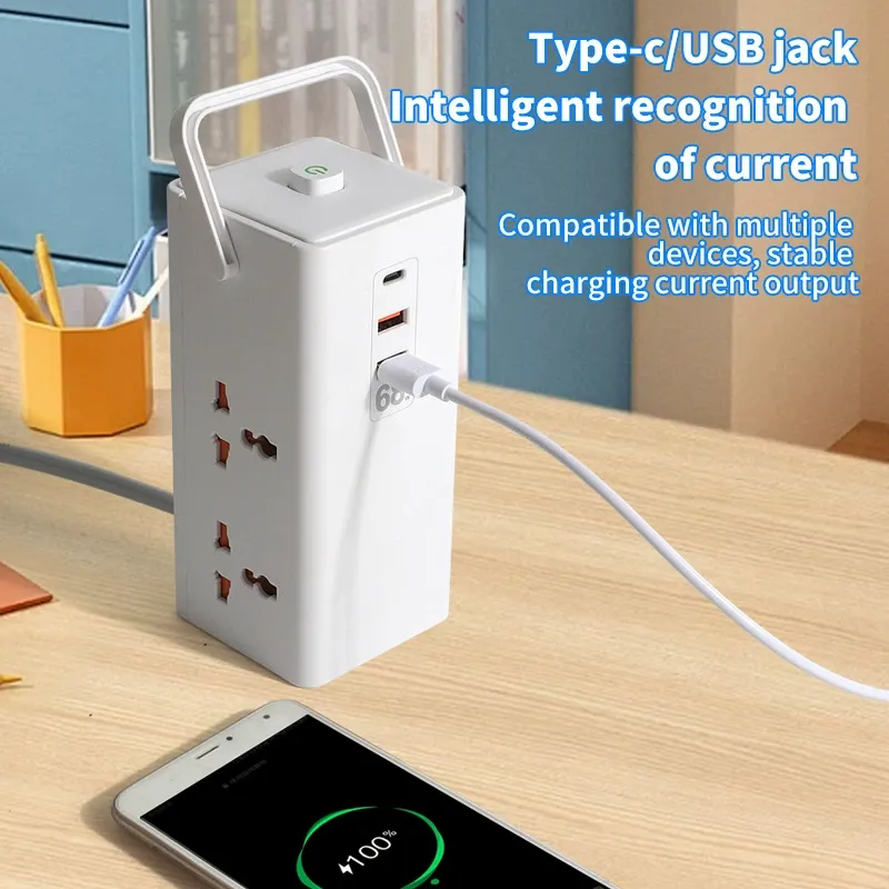 International Universal Socket UK Standard 13A Power Strip, 4 Outlets Extension Lead with PD & QC Fast Charging, 2M Long Cord Desktop Charging Station for Laptops, Black/White
