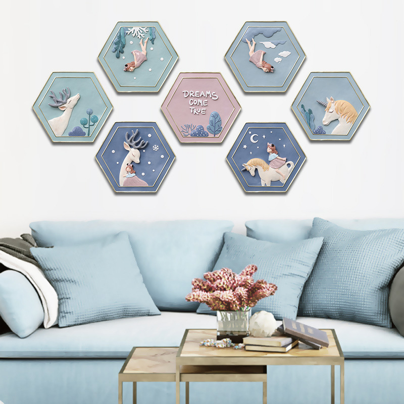 RDA9D0 Creative Hexagon Framed Resin Cartoon Art Sculpture Wall Decoration Hanging Ornament for Living Room Bedroom Home Decor