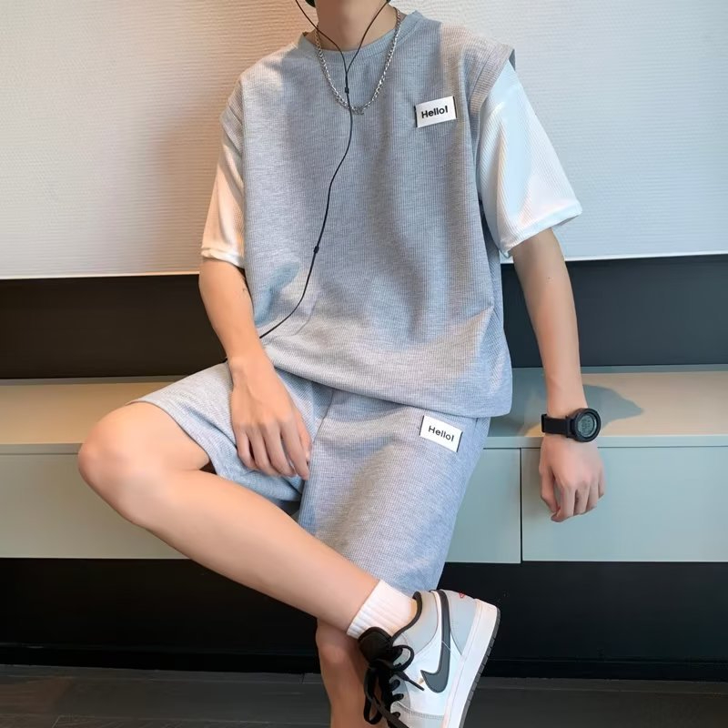 JQ Men's Summer Loose Sports Set Simple Solid Color T-Shirt and Pants