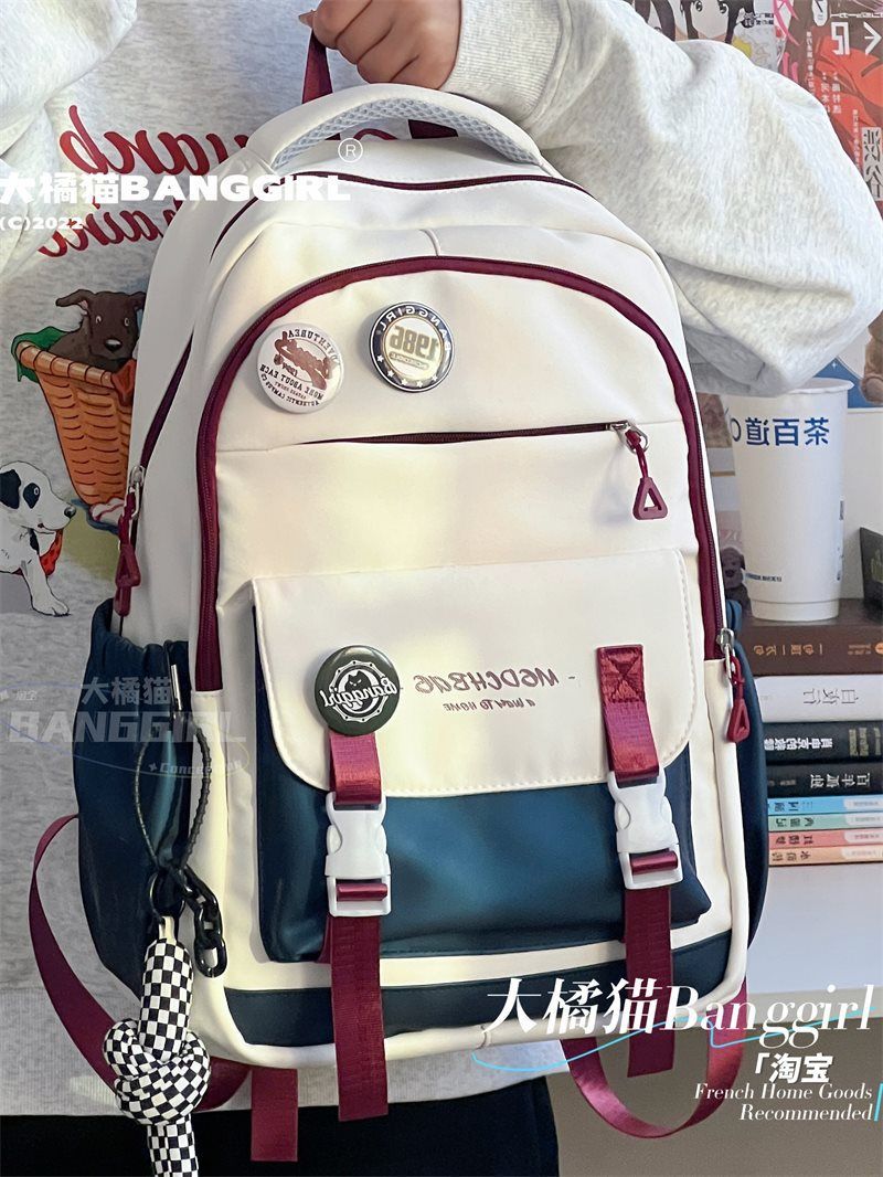 Japanese Ins workwear backpack for girls, high school students, middle school students, large capacity contrasting color backpacks, travel backpacks for boys