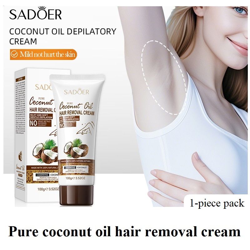 SADOER Pure Coconut Oil Hair Removal Cream 100g Gentle Depilatory Cream with Natural Actives for Whole Body Leg Underarm Bikini Line Silky Soft Smooth Skin No Alcohol No Heavy Metals