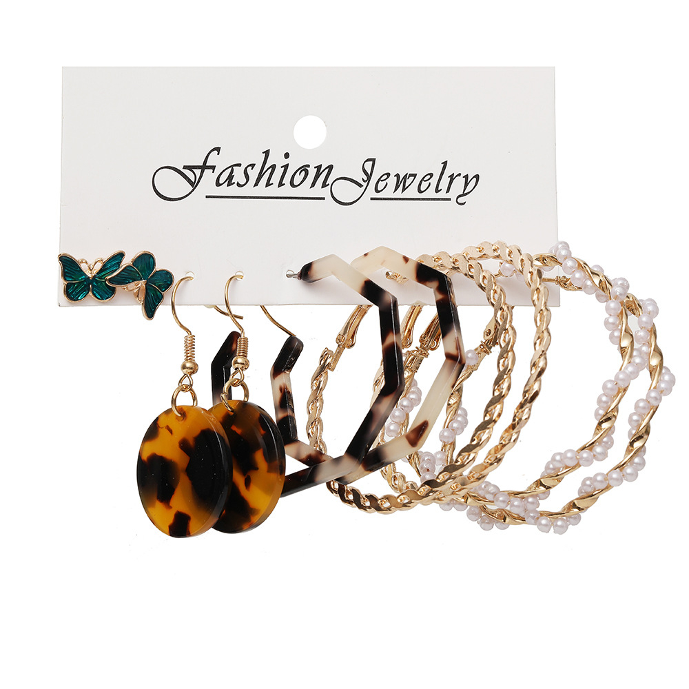 Fashion Geometric Circle Acrylic Set Butterfly Pearl Hoop Earrings Set (6 Set)