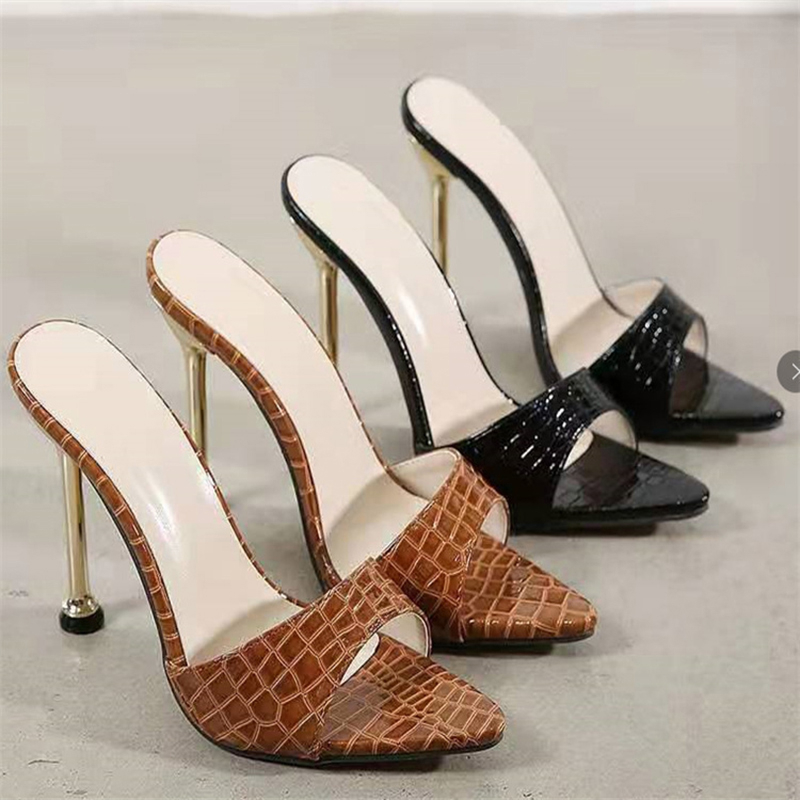 0336 Snake Print Open Toe Pointed High Heel Sandals And Slippers Women