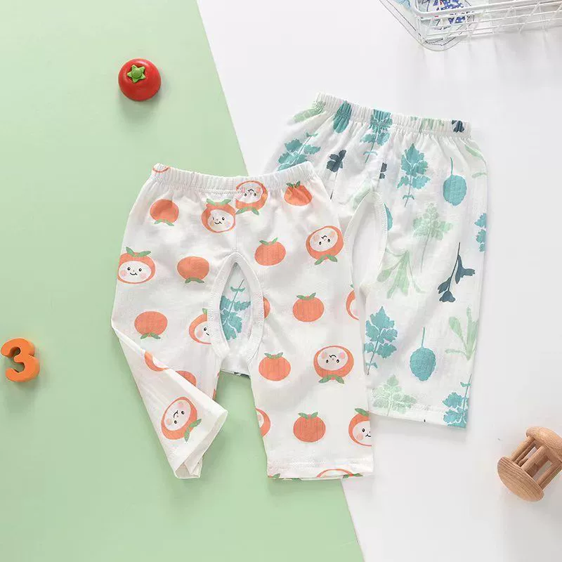 Baby Summer Open-Crotch Pants, Cute Printed Cotton 3/4 Pants, Breathable Casual Trousers for Toddler Infants, Sizes 73-110cm, Single Pack, Soft Baby Pants for Boys Girls
