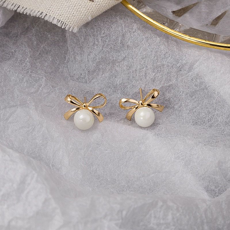 m116 Trendy Rhinestone Bow Stud Earrings New Fashion White Pearl Earrings For Women Jewelry