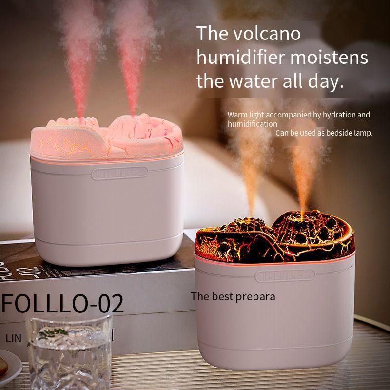 1200mL Volcano Humidifier with Flame Effect Light, Dual Nozzle Cool Mist Humidifier, 80mL/h Output, USB-Powered, Continuous/Intermittent Spray, Quiet Desktop Humidifier for Home, Bedroom, Office
