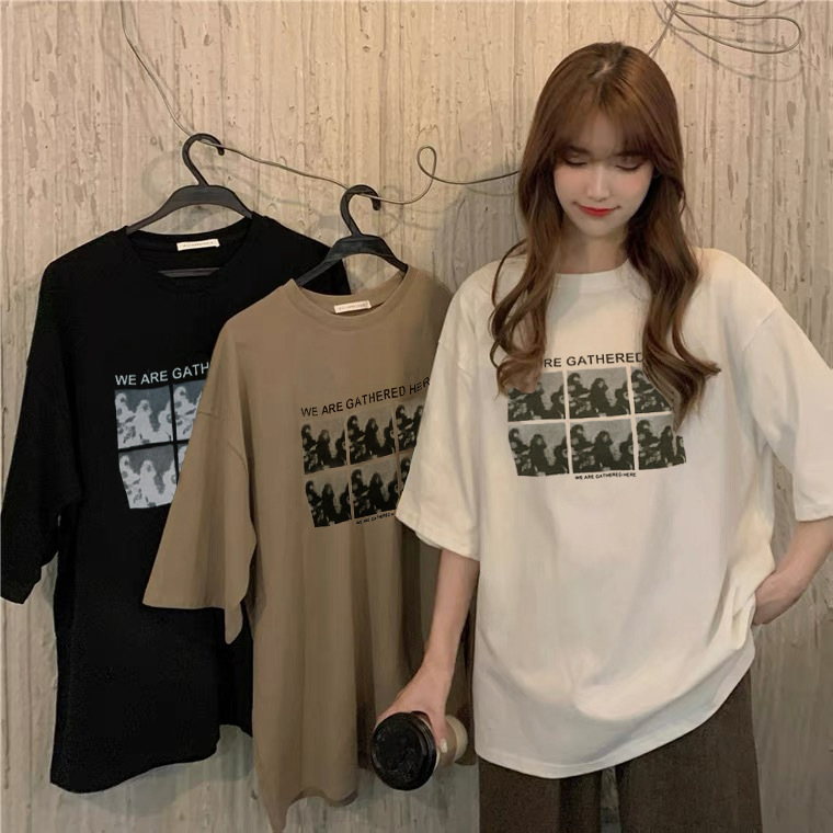 WBX-T0143 Women's Crewneck Letter Print Casual Short Sleeve T-Shirt Loose Student Couple Top