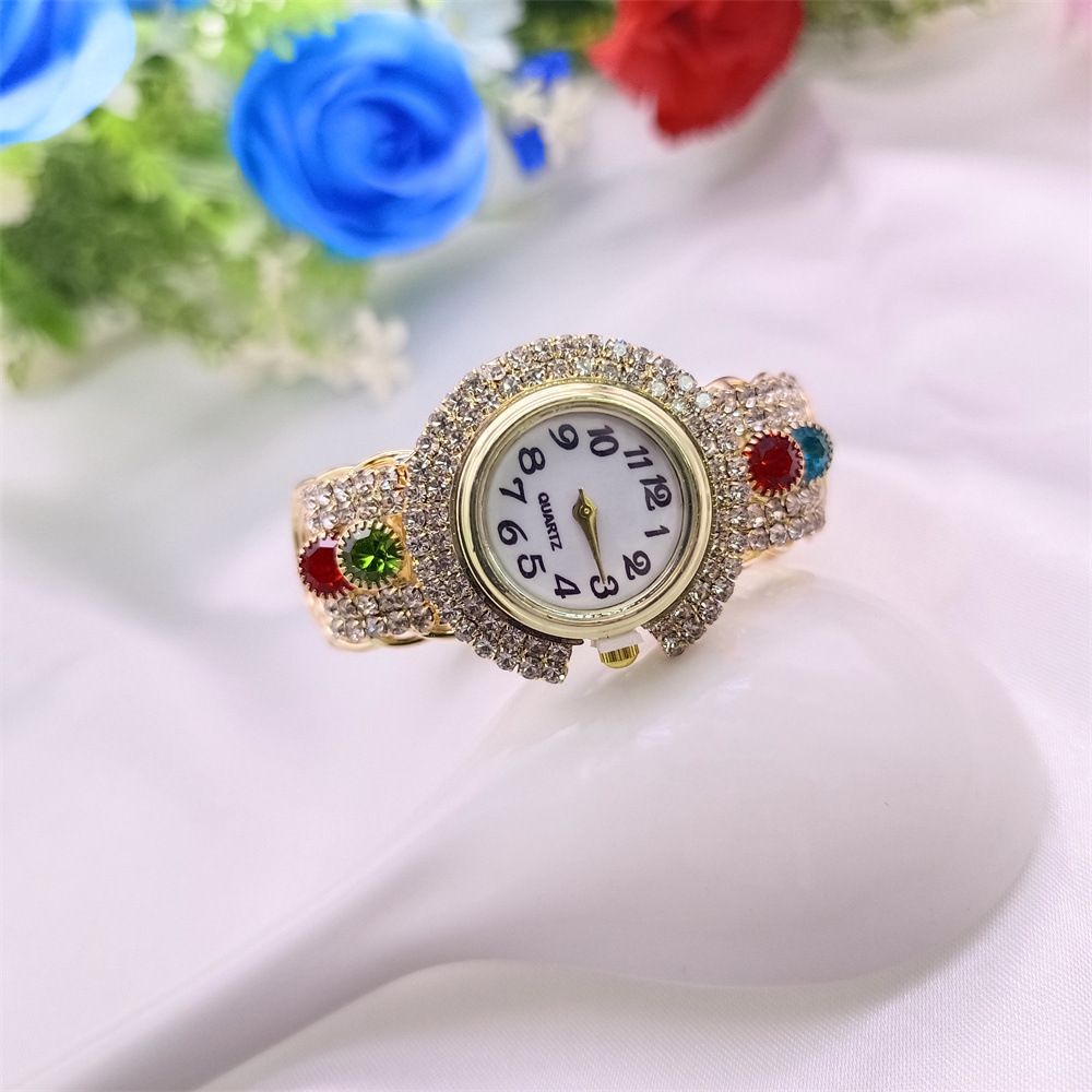 Women's Multicolor Crystal Bangle Watch, Gold-Tone Prong-Set Rhinestone Quartz Wristwatch, Colorful Accent Fashion Jewelry for Ladies, Casual & Party Wear
