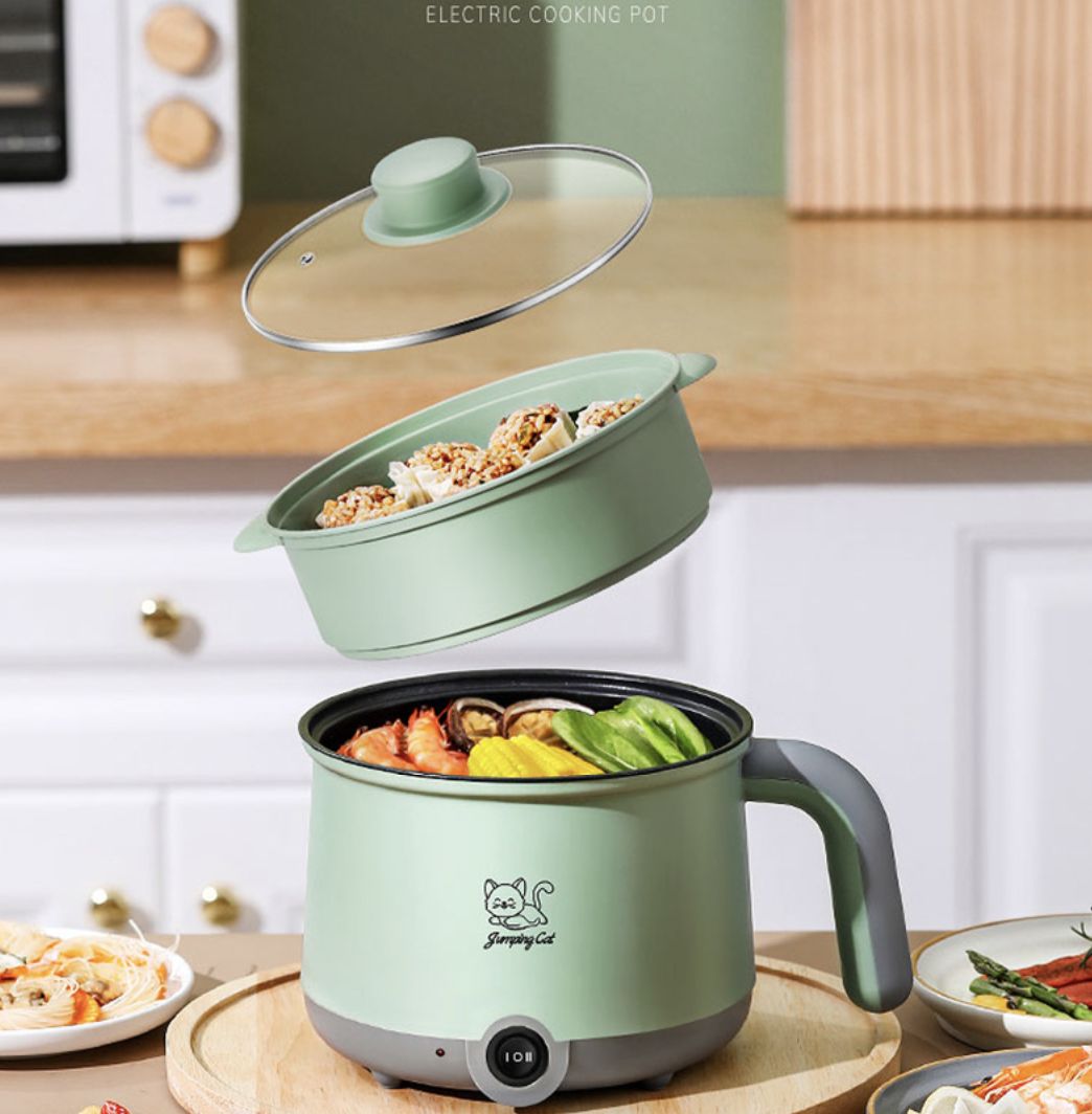 Electric Hot Pot Mini Non-stick Pot Fry Pan Electric Cooker with Plastic Steamer Dormitory Student Noodle Pot Home Electric Steamer Double-layers Egg Cooker Multi-functional Pot for Cooking Soup Rice Porridge Stewpot Kitchen Small Appliance