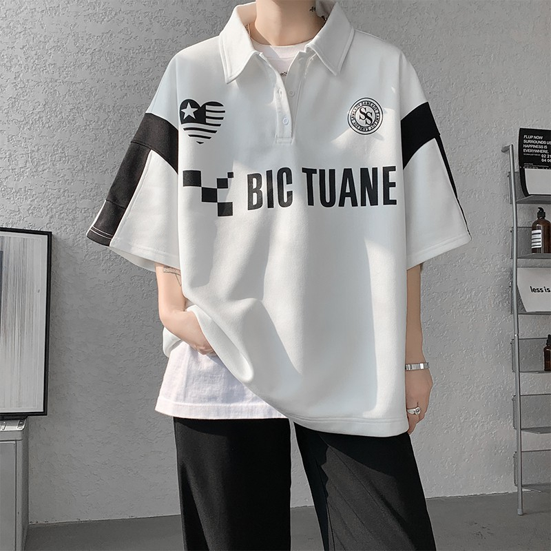 T138 Short-sleeve Polo Shirt Men's Summer Japanese Vintage Brand Color Contrast Lapel Top Loose Casual Heavy Retro Baseball Clothing
