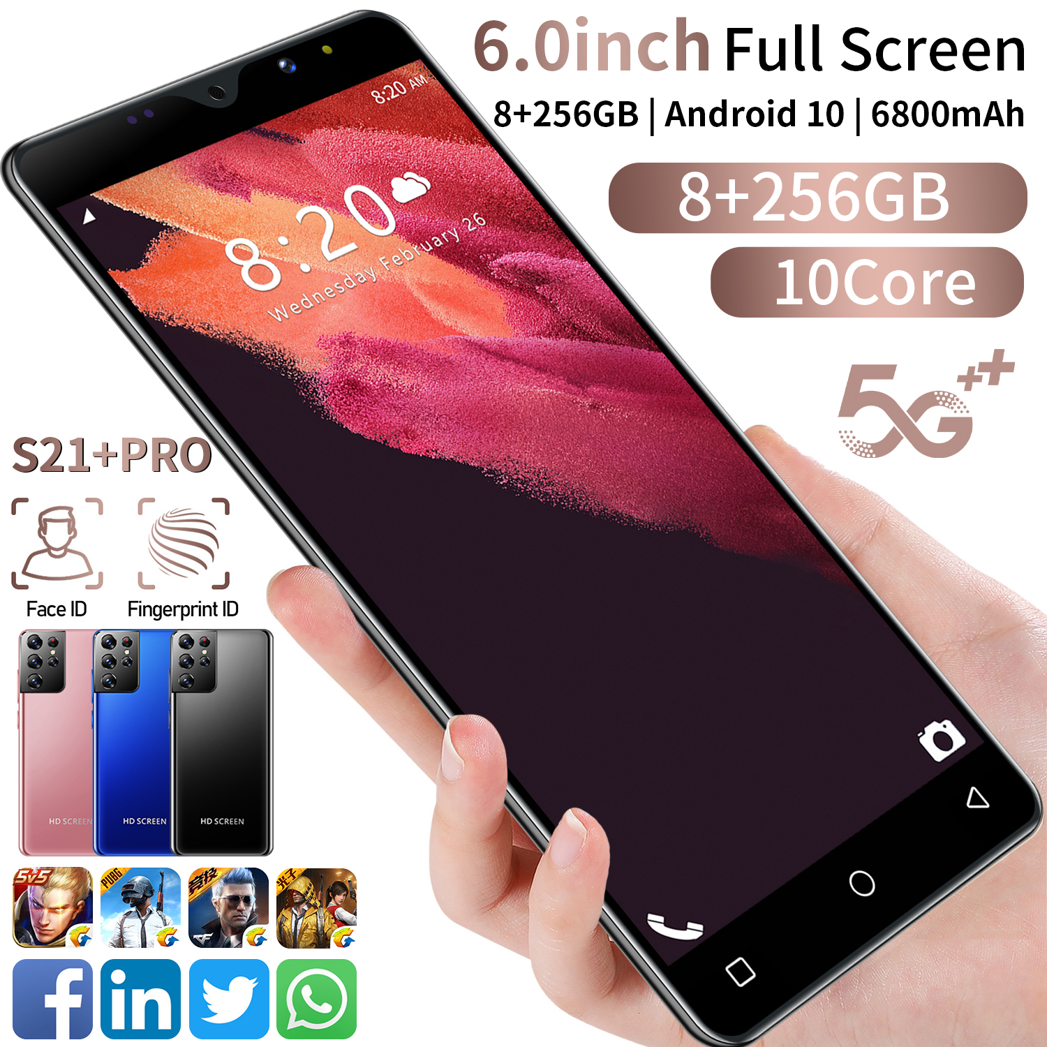 S21 + Pro smartphone dual card power 6800mAh HD camera 6.0 inch HD large screen dual card android10.0 8g+ 256GB