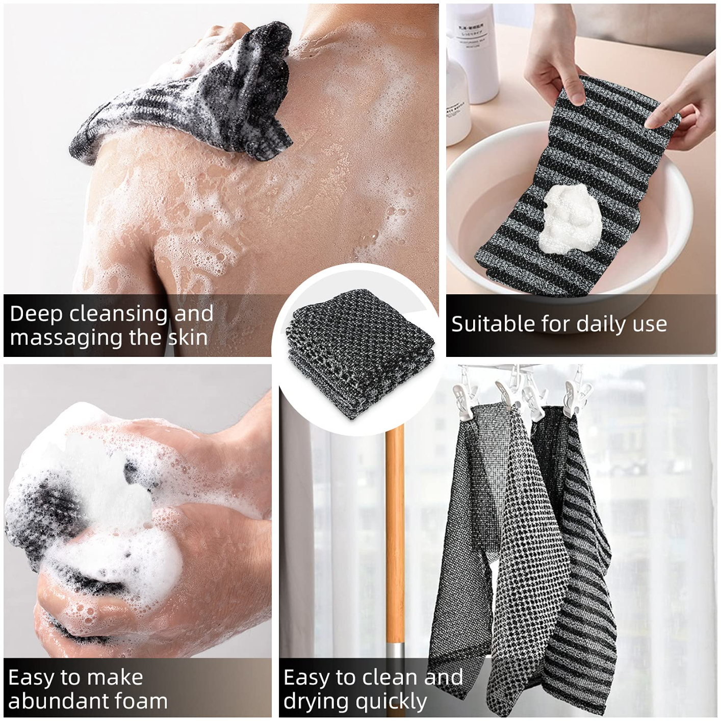Exfoliating Back Scrubber, Korean Body Back Scrubber Towel for Shower, Japanese Bath Wash Scrub Cloth Washcloth Washer for Men Women Exfoliating, Body Scrubbing Brush Loofah Exfoliator