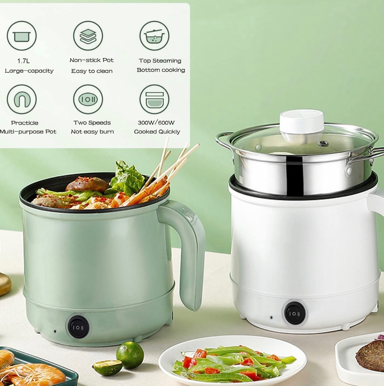 Electric Hot Pot,1.8L Household Rapid Noodles Cooker, Electric Cooker,Multifunctional Cooking Pot，Frying Pan,Mini Steamer,Non-Stick Casserole，Mini Multi-Cooker for Pasta Noodles, Soup, Boiled Eggs, Vegetables, Meat 