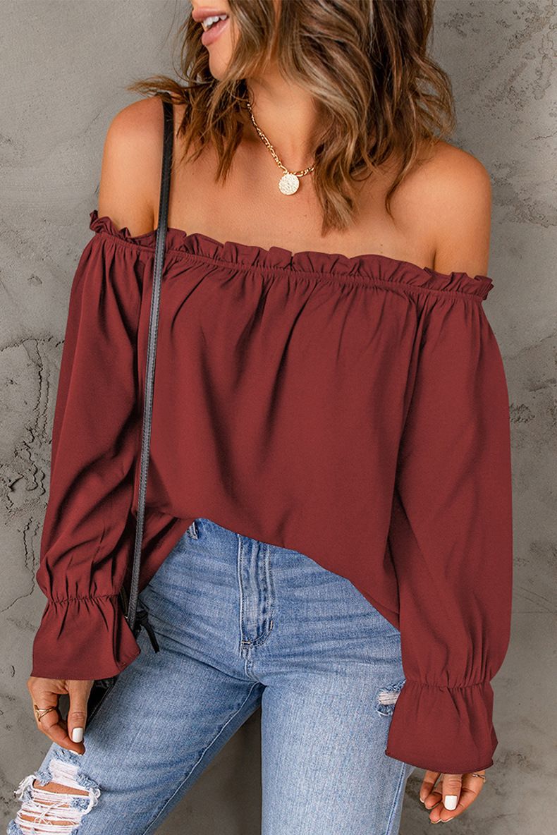 Women's one-line chiffon shirt women's Spring and autumn solid color pullover sexy off-shoulder shirt LWZ0150LWZ0132