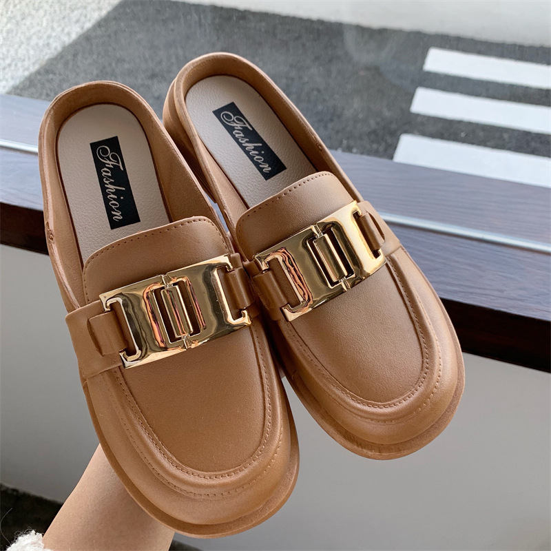 leather loafers Women's round-toe casual shoes Half-slippers for girls platform sandals