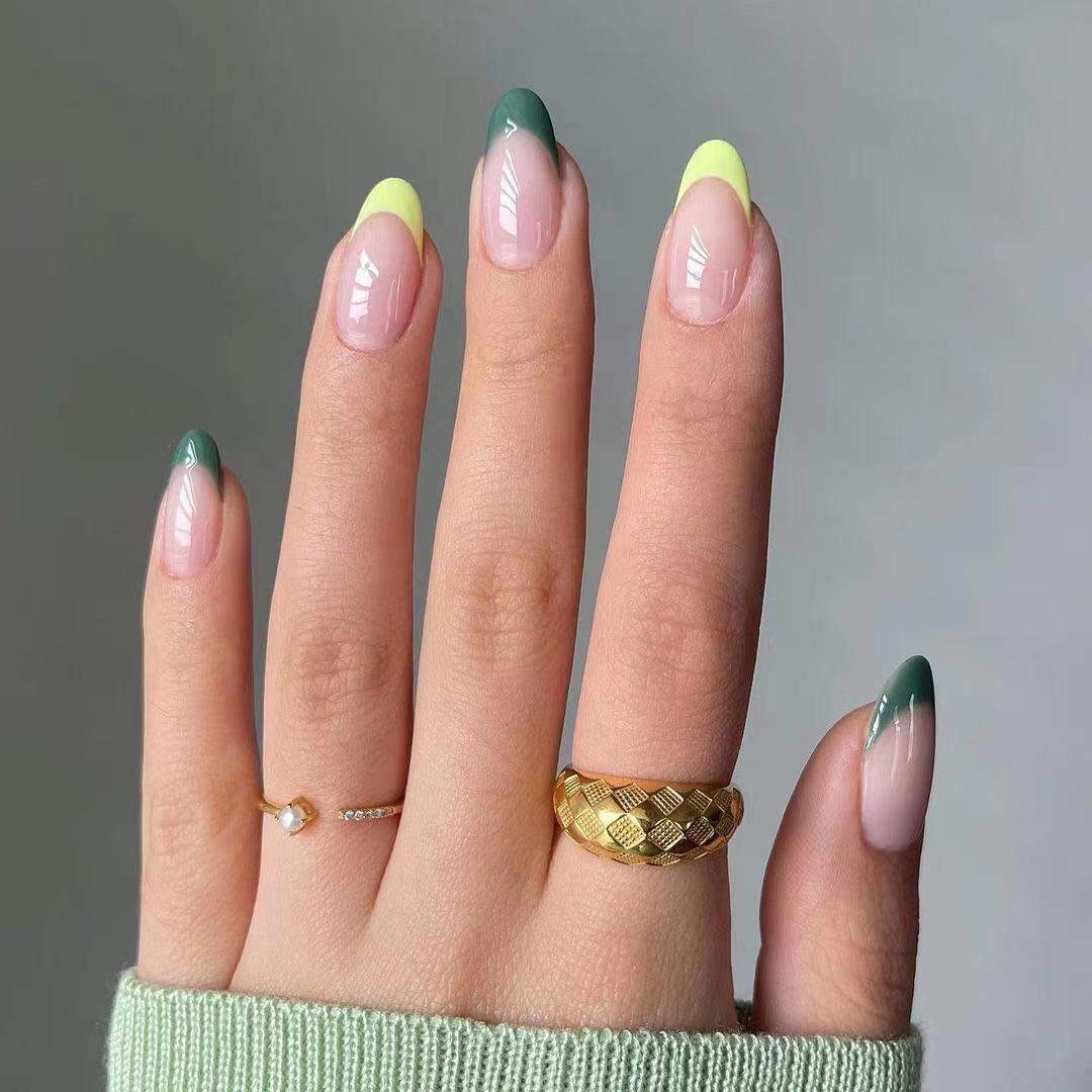 JP1346 24 Pcs Glossy Press on Nails, Medium Round French Fake Nails, Acrylics Full Cover False Nails for Women and Girls